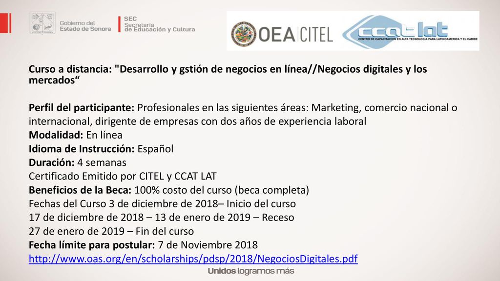 Curso a distancia: Desarrollo y gstión de negocios en línea//Negocios digitales y los mercados Perfil del participante: Profesionales en las siguientes áreas: Marketing, comercio nacional o internacional, dirigente de empresas con dos años de experiencia laboral Modalidad: En línea Idioma de Instrucción: Español Duración: 4 semanas Certificado Emitido por CITEL y CCAT LAT Beneficios de la Beca: 100% costo del curso (beca completa) Fechas del Curso 3 de diciembre de 2018– Inicio del curso 17 de diciembre de 2018 – 13 de enero de 2019 – Receso 27 de enero de 2019 – Fin del curso Fecha límite para postular: 7 de Noviembre