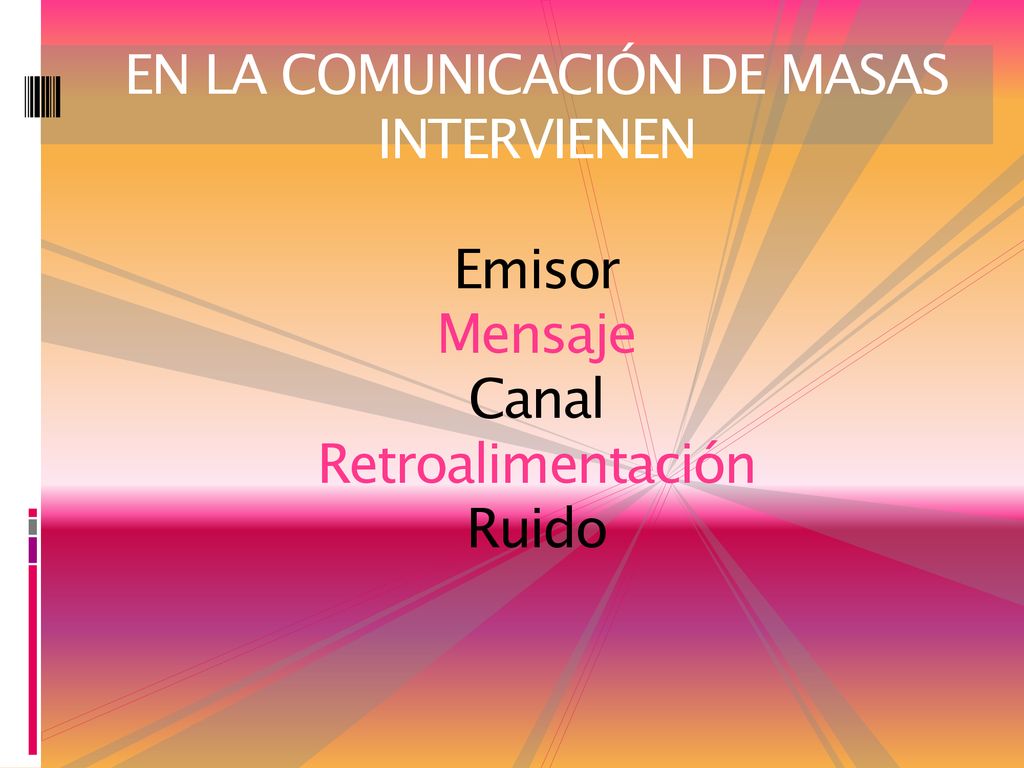 EN LA COMUNICACIÓN DE MASAS INTERVIENEN Emisor Mensaje Canal Retroalimentación Ruido