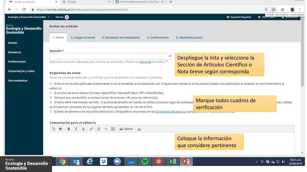 Despliegue la lista y seleccione la Sección de Artículos Científico o Nota breve según corresponda