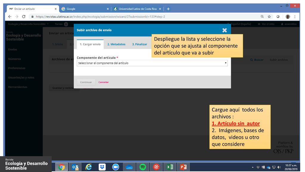Despliegue la lista y seleccione la opción que se ajusta al componente del artículo que va a subir