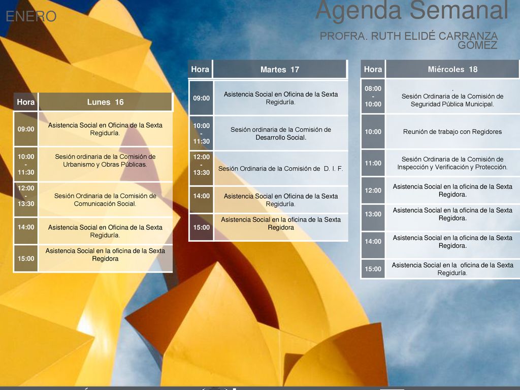 Agenda Semanal ENERO Cabildo Torreón PROFRA. RUTH ELIDÉ CARRANZA GÓMEZ