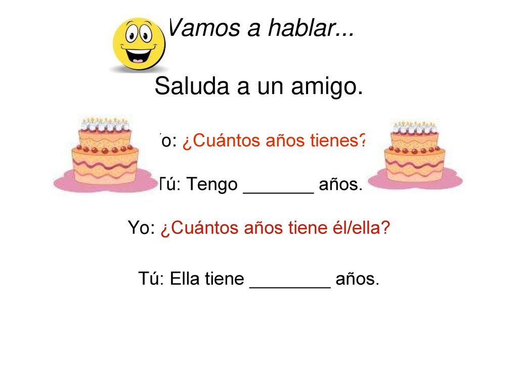 Vamos a hablar... Saluda a un amigo. Yo: ¿Cuántos años tienes