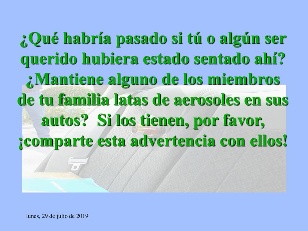 ¿Qué habría pasado si tú o algún ser querido hubiera estado sentado ahí ¿Mantiene alguno de los miembros de tu familia latas de aerosoles en sus autos Si los tienen, por favor, ¡comparte esta advertencia con ellos!
