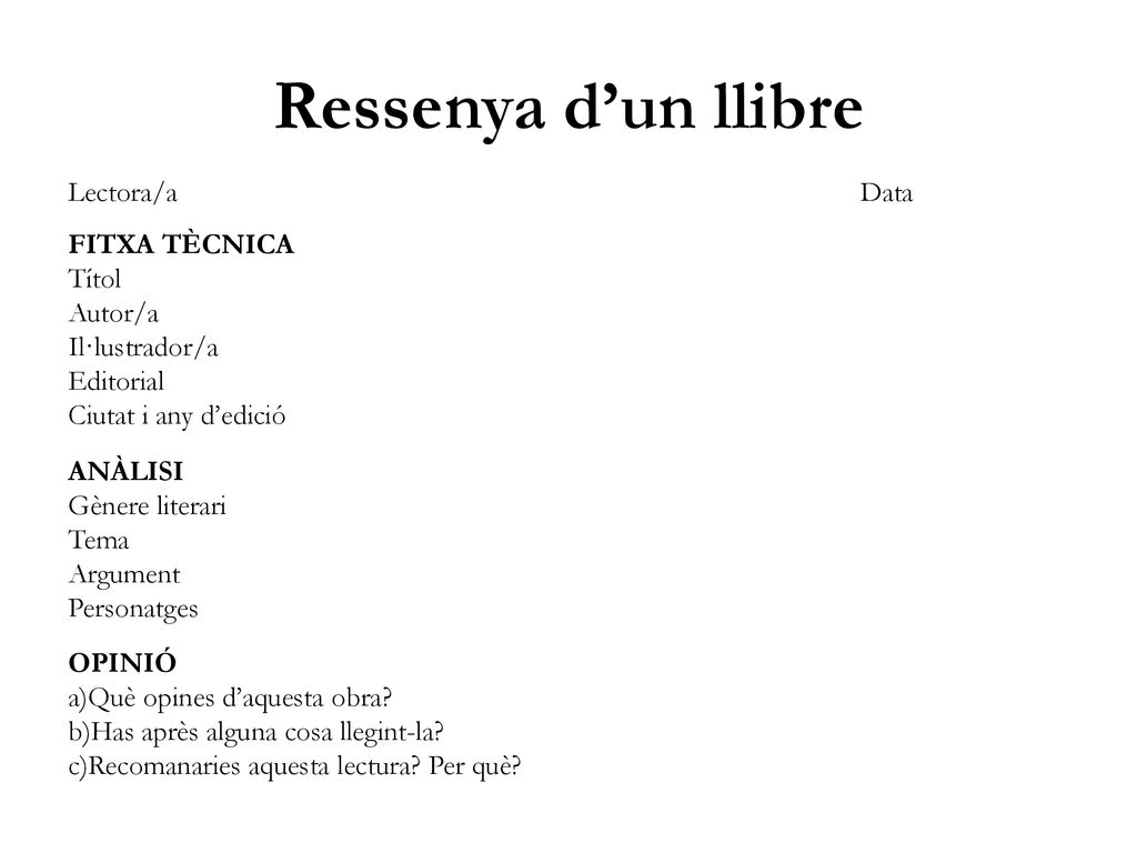 Ressenya d’un llibre Lectora/a Data FITXA TÈCNICA Títol Autor/a