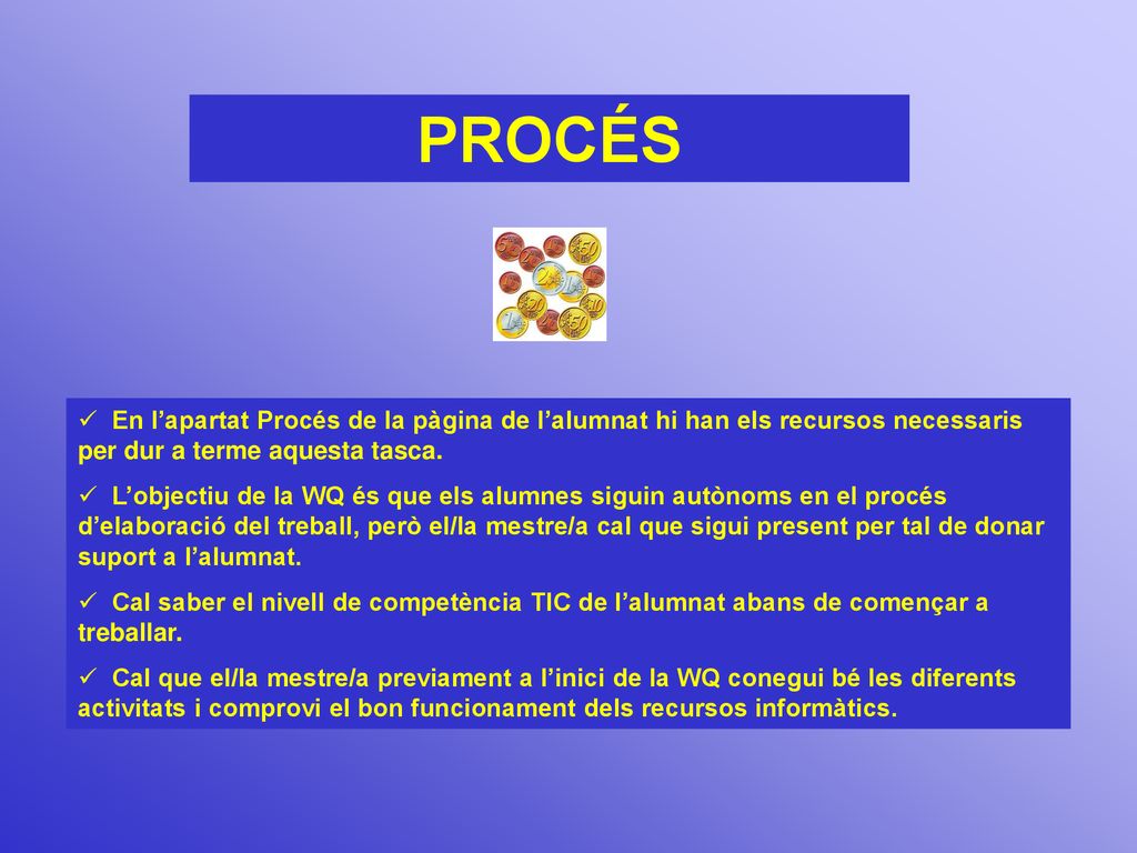 PROCÉS En l’apartat Procés de la pàgina de l’alumnat hi han els recursos necessaris per dur a terme aquesta tasca.