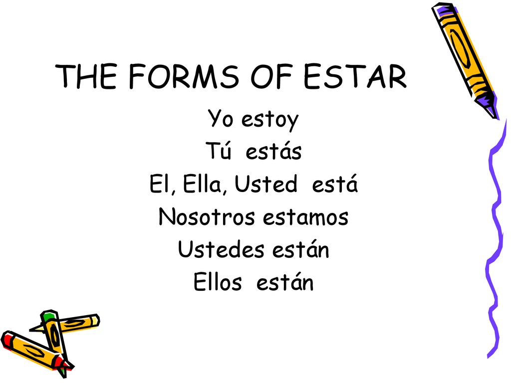 THE FORMS OF ESTAR Yo estoy Tú estás El, Ella, Usted está