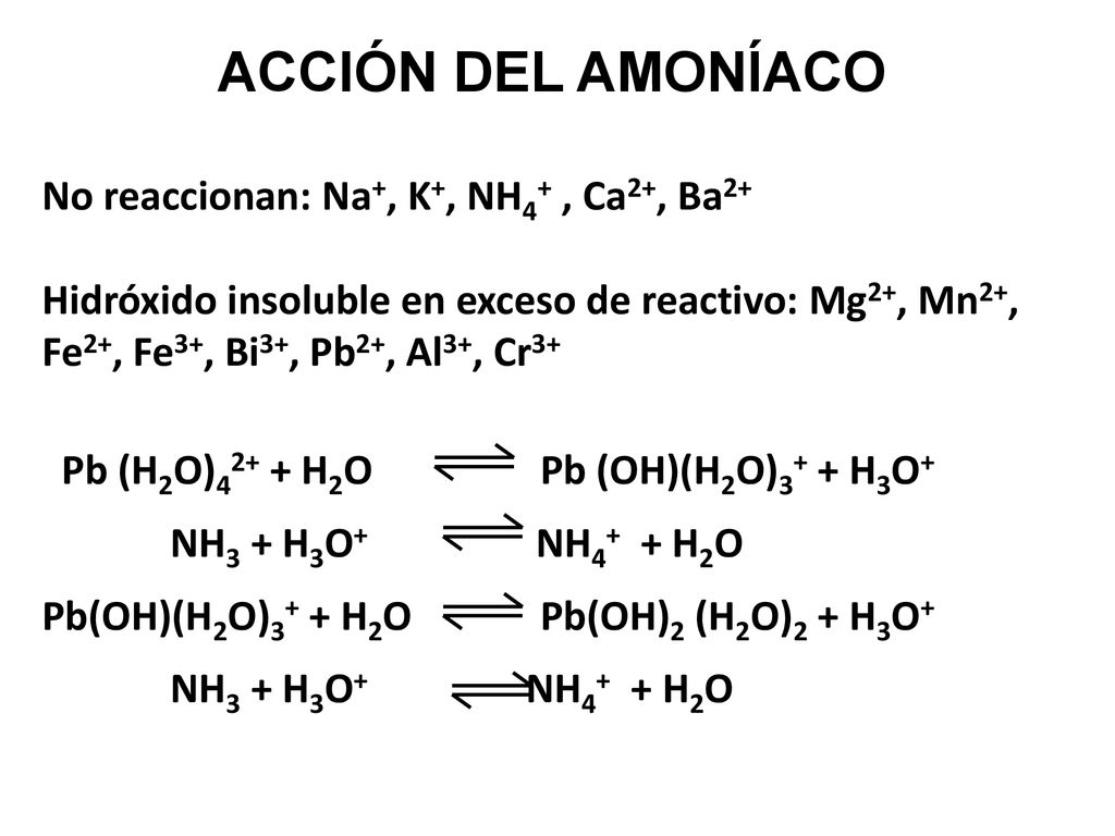 ACCIÓN DEL AMONÍACO No reaccionan: Na+, K+, NH4+ , Ca2+, Ba2+