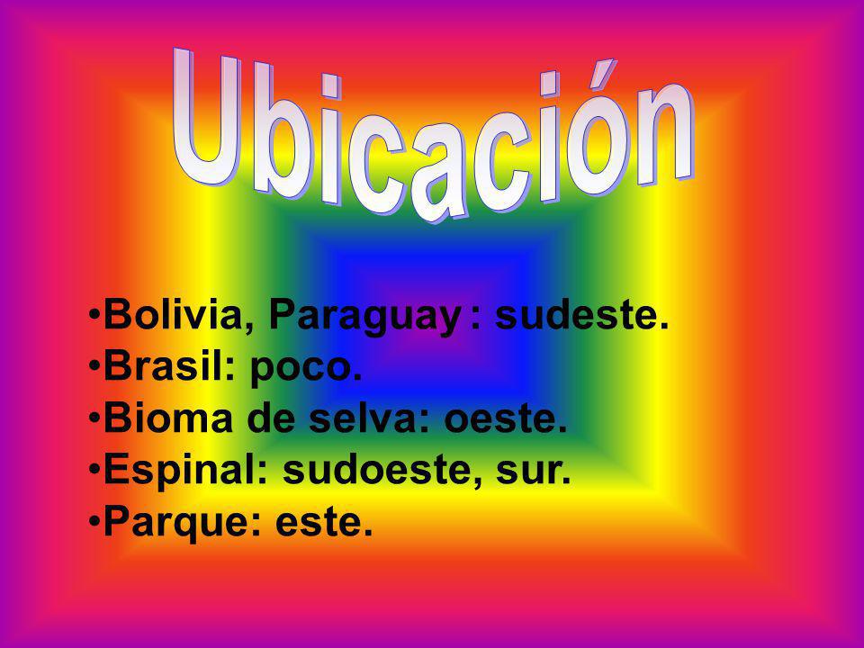 Ubicación Bolivia, Paraguay : sudeste. Brasil: poco. Bioma de selva: oeste. Espinal: sudoeste, sur.