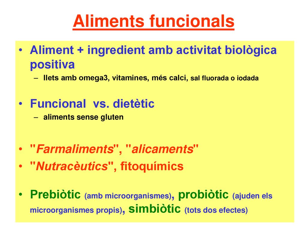 Aliments funcionals Aliment + ingredient amb activitat biològica positiva. llets amb omega3, vitamines, més calci, sal fluorada o iodada.