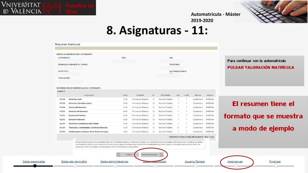 El resumen tiene el formato que se muestra a modo de ejemplo