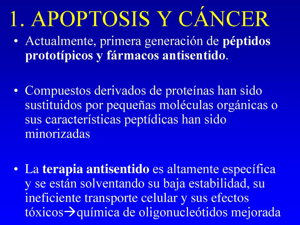 1. APOPTOSIS Y CÁNCER Actualmente, primera generación de péptidos prototípicos y fármacos antisentido.