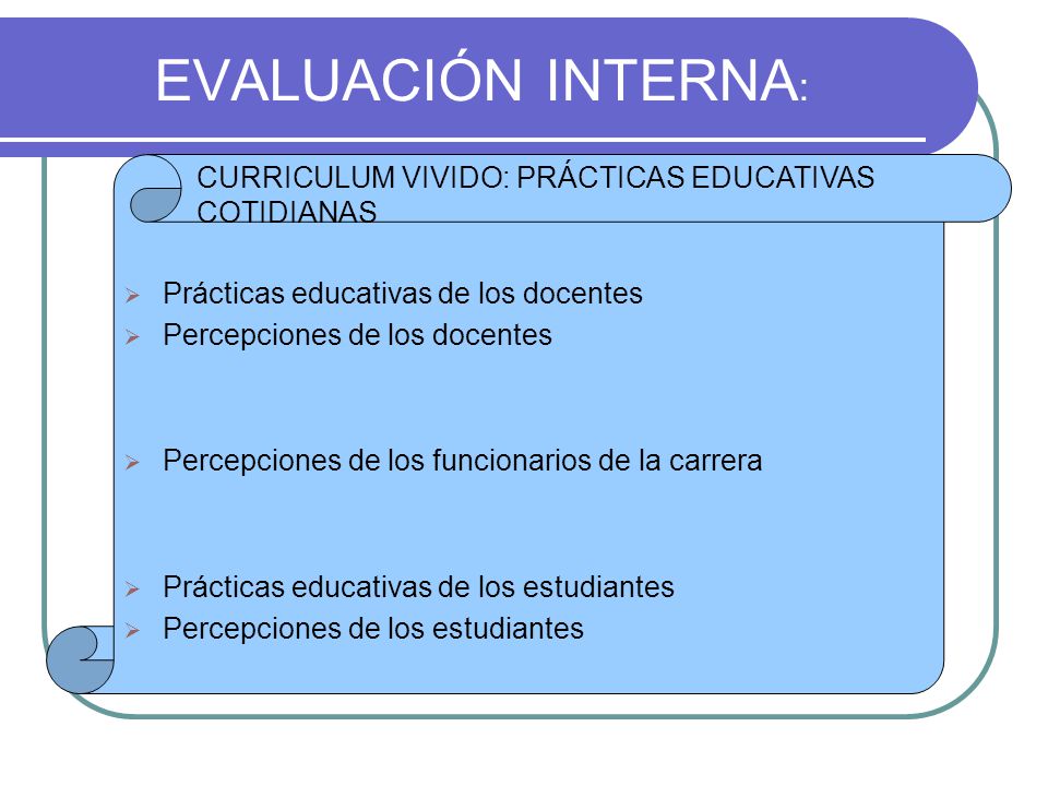 EVALUACIÓN INTERNA: CURRICULUM VIVIDO: PRÁCTICAS EDUCATIVAS COTIDIANAS