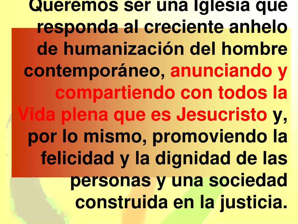 Queremos ser una Iglesia que responda al creciente anhelo de humanización del hombre contemporáneo, anunciando y compartiendo con todos la Vida plena que es Jesucristo y, por lo mismo, promoviendo la felicidad y la dignidad de las personas y una sociedad construida en la justicia.