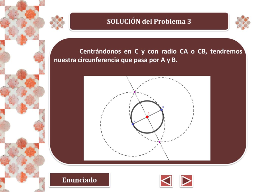 SOLUCIÓN del Problema 3 Centrándonos en C y con radio CA o CB, tendremos nuestra circunferencia que pasa por A y B.