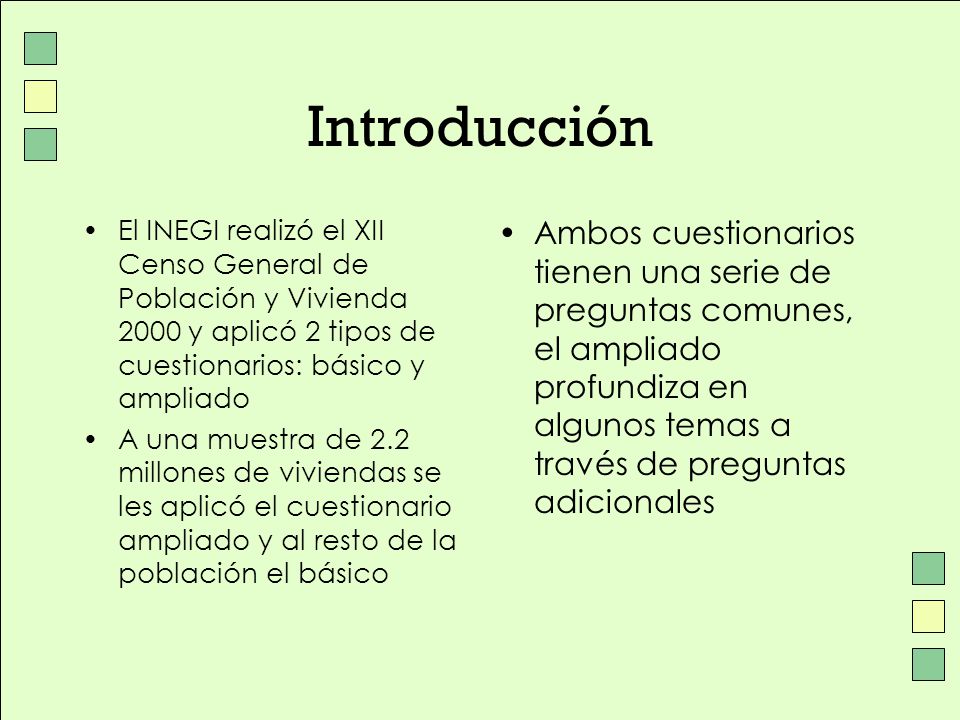 Introducción El INEGI realizó el XII Censo General de Población y Vivienda 2000 y aplicó 2 tipos de cuestionarios: básico y ampliado.