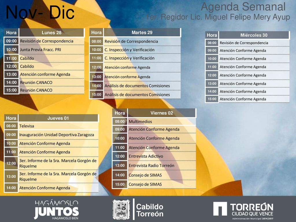 Nov- Dic Agenda Semanal 1er. Regidor Lic. Miguel Felipe Mery Ayup