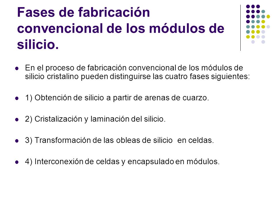 Fases de fabricación convencional de los módulos de silicio.