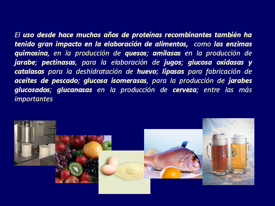 El uso desde hace muchos años de proteínas recombinantes también ha tenido gran impacto en la elaboración de alimentos, como las enzimas quimosina, en la producción de quesos; amilasas en la producción de jarabe; pectinasas, para la elaboración de jugos; glucosa oxidasas y catalasas para la deshidratación de huevo; lipasas para fabricación de aceites de pescado; glucosa isomerasas, para la producción de jarabes glucosados; glucanasas en la producción de cerveza; entre las más importantes