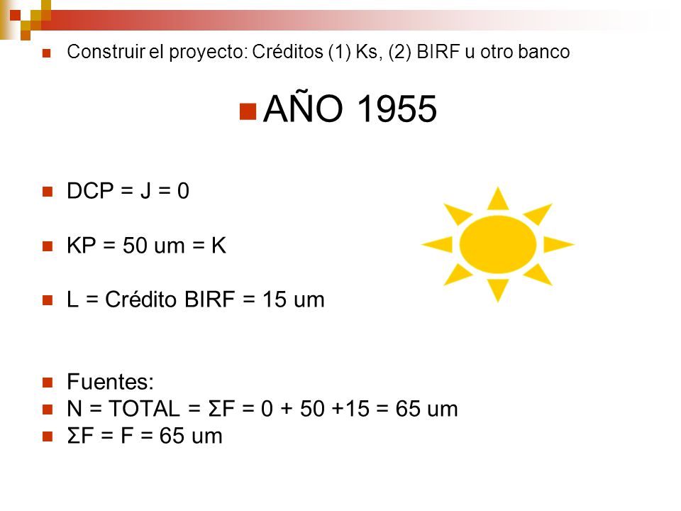 AÑO 1955 DCP = J = 0 KP = 50 um = K L = Crédito BIRF = 15 um Fuentes: