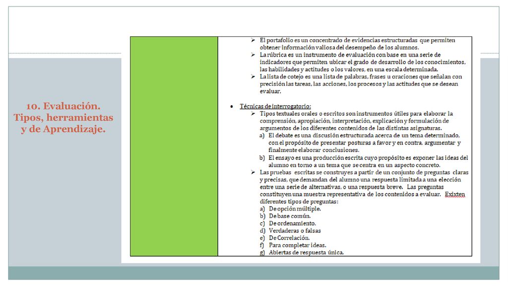 10. Evaluación. Tipos, herramientas y de Aprendizaje.