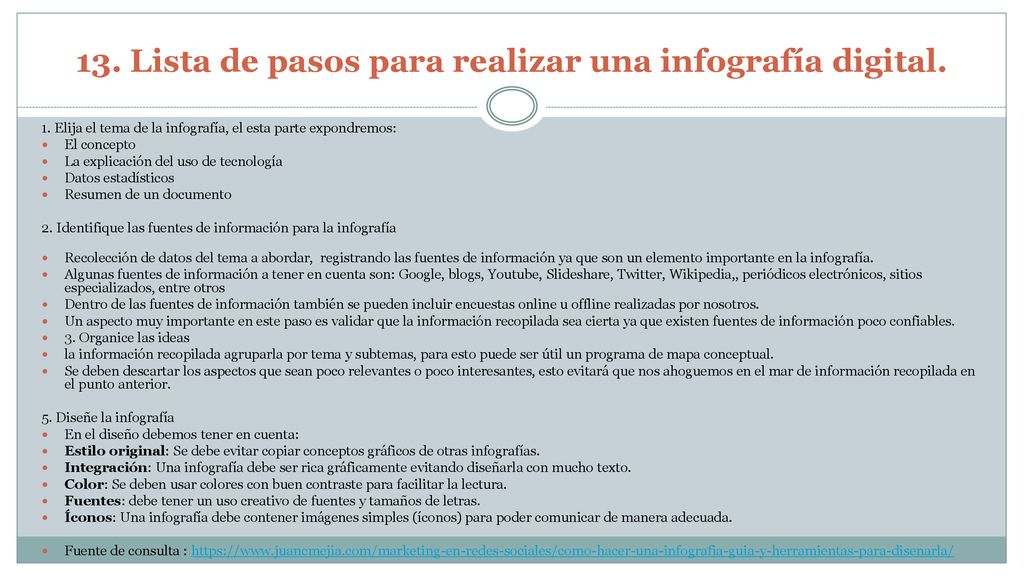 13. Lista de pasos para realizar una infografía digital.