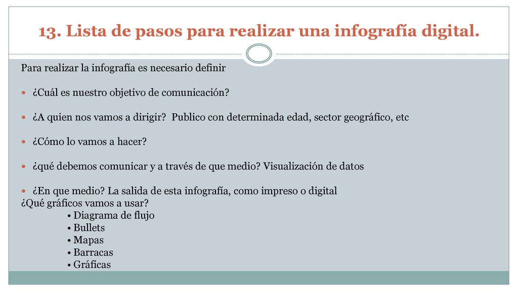 13. Lista de pasos para realizar una infografía digital.