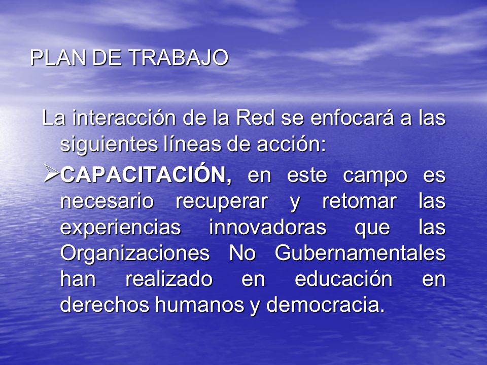 PLAN DE TRABAJO La interacción de la Red se enfocará a las siguientes líneas de acción: