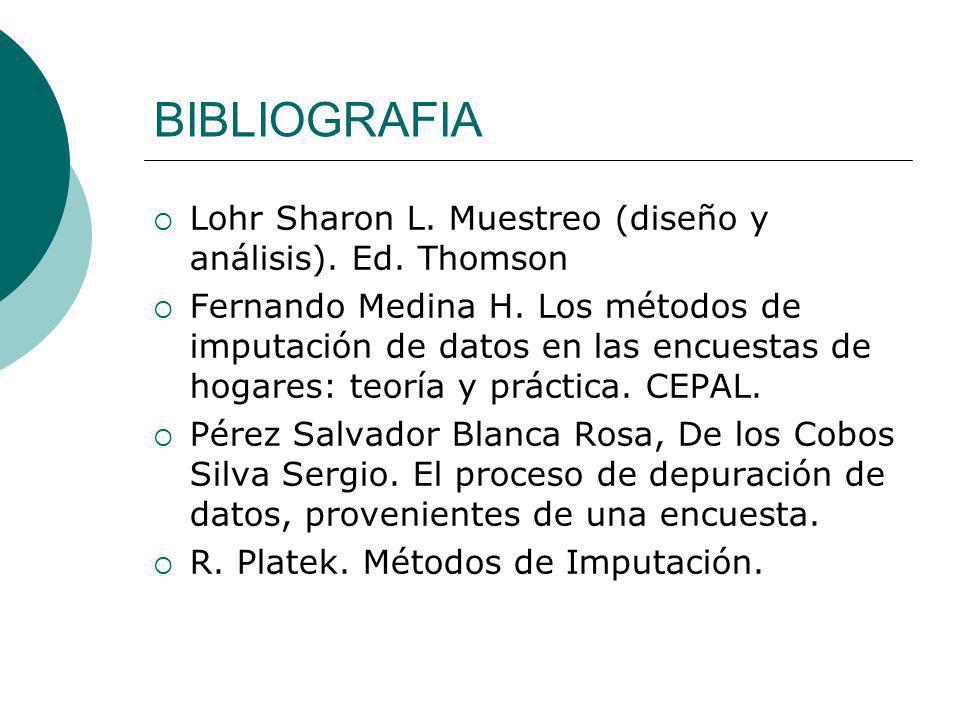 BIBLIOGRAFIA Lohr Sharon L. Muestreo (diseño y análisis). Ed. Thomson