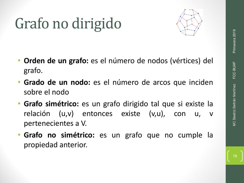 Grafo no dirigido Orden de un grafo: es el número de nodos (vértices) del grafo. Grado de un nodo: es el número de arcos que inciden sobre el nodo.