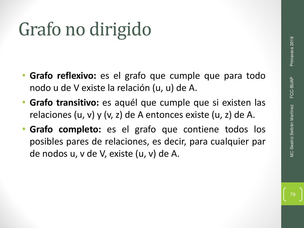 Grafo no dirigido Grafo reflexivo: es el grafo que cumple que para todo nodo u de V existe la relación (u, u) de A.