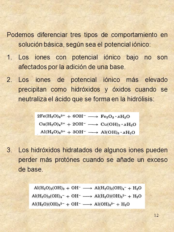 Podemos diferenciar tres tipos de comportamiento en solución básica, según sea el potencial iónico: