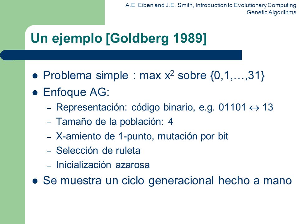 Un ejemplo [Goldberg 1989] Problema simple : max x2 sobre {0,1,…,31}