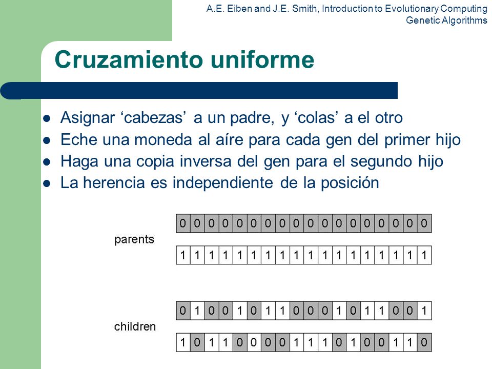 Cruzamiento uniforme Asignar ‘cabezas’ a un padre, y ‘colas’ a el otro