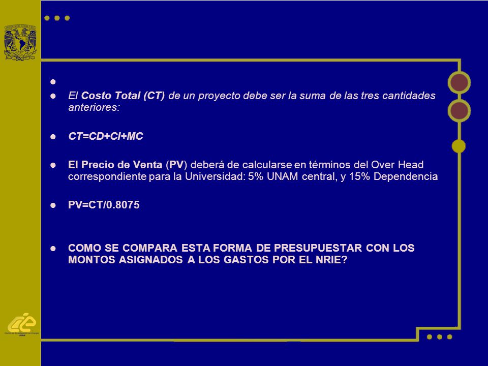 El Costo Total (CT) de un proyecto debe ser la suma de las tres cantidades anteriores: CT=CD+CI+MC.
