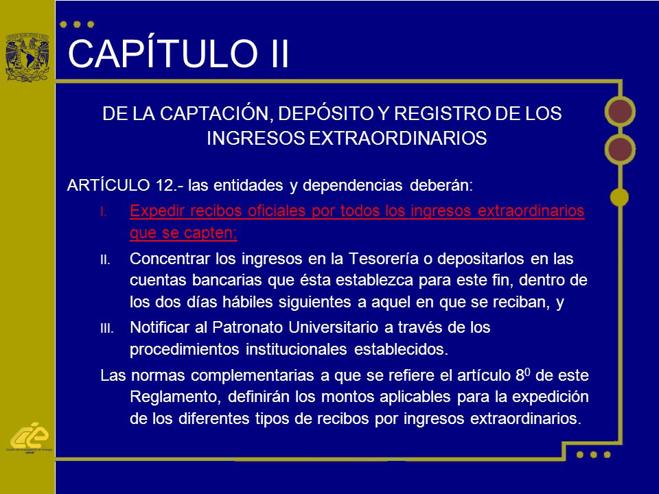 DE LA CAPTACIÓN, DEPÓSITO Y REGISTRO DE LOS INGRESOS EXTRAORDINARIOS