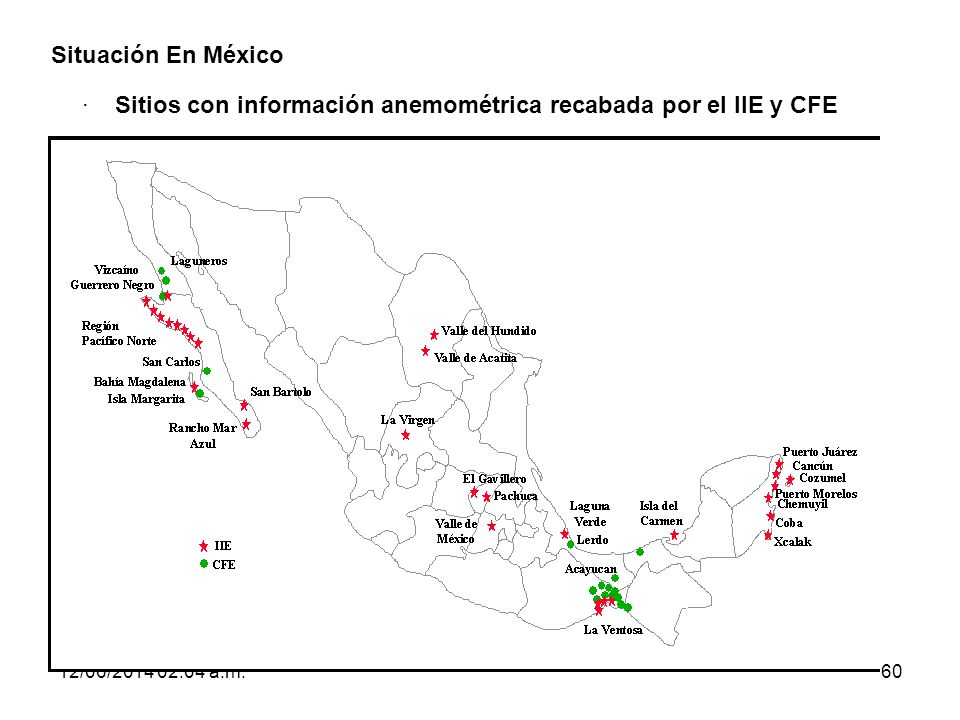· Sitios con información anemométrica recabada por el IIE y CFE