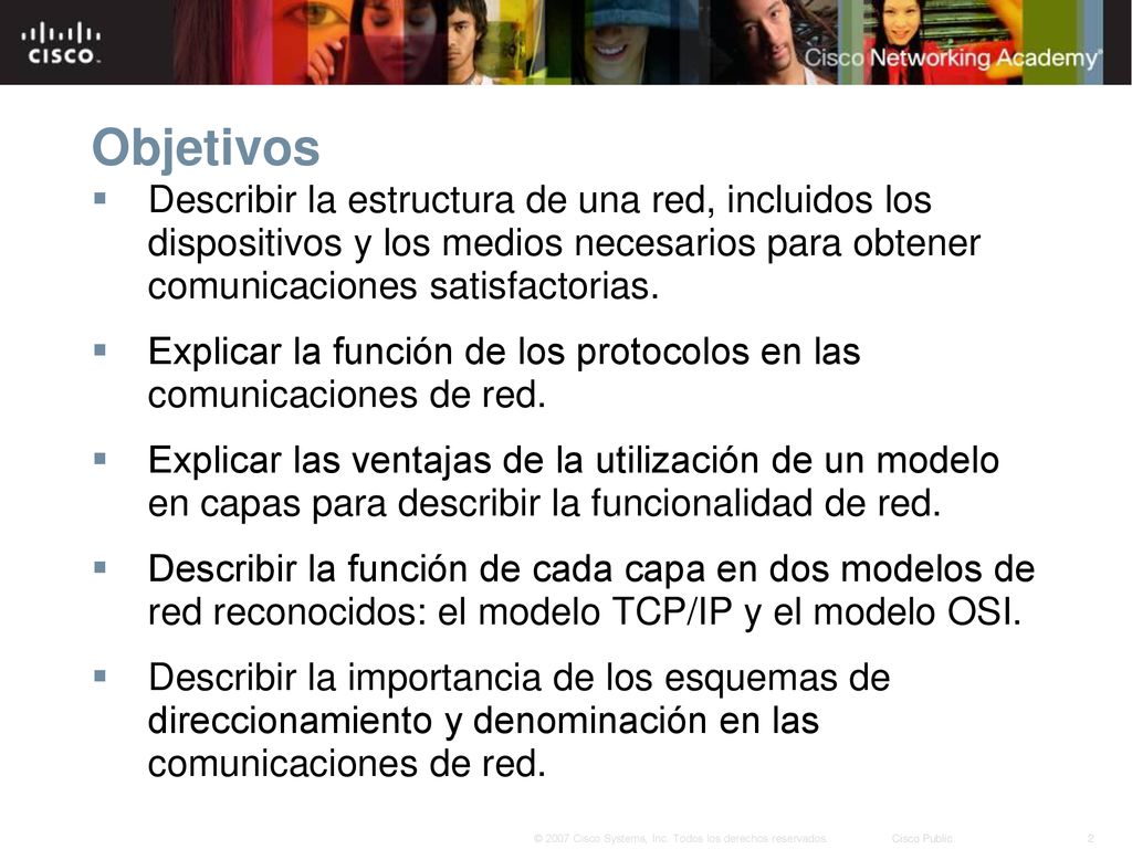 Objetivos Describir la estructura de una red, incluidos los dispositivos y los medios necesarios para obtener comunicaciones satisfactorias.