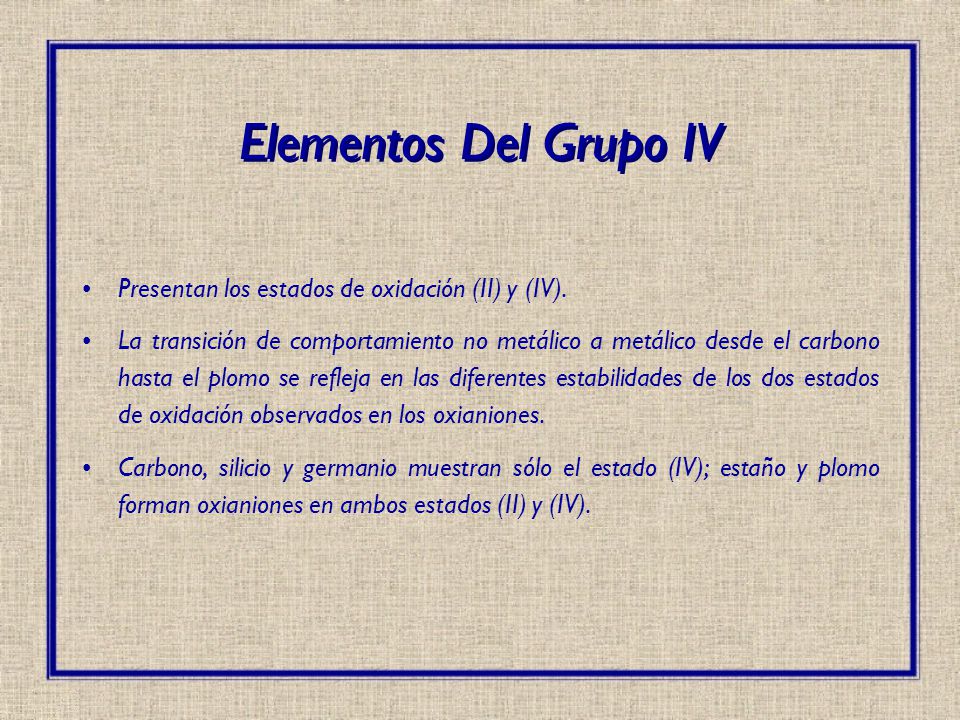 Elementos Del Grupo IV Presentan los estados de oxidación (II) y (IV).