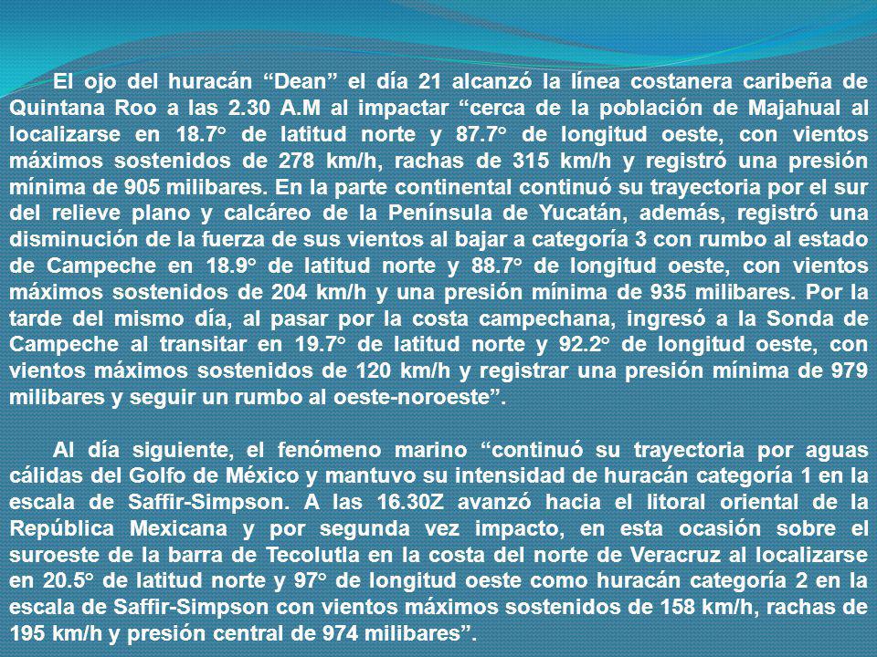 El ojo del huracán Dean el día 21 alcanzó la línea costanera caribeña de Quintana Roo a las 2.30 A.M al impactar cerca de la población de Majahual al localizarse en 18.7° de latitud norte y 87.7° de longitud oeste, con vientos máximos sostenidos de 278 km/h, rachas de 315 km/h y registró una presión mínima de 905 milibares. En la parte continental continuó su trayectoria por el sur del relieve plano y calcáreo de la Península de Yucatán, además, registró una disminución de la fuerza de sus vientos al bajar a categoría 3 con rumbo al estado de Campeche en 18.9° de latitud norte y 88.7° de longitud oeste, con vientos máximos sostenidos de 204 km/h y una presión mínima de 935 milibares. Por la tarde del mismo día, al pasar por la costa campechana, ingresó a la Sonda de Campeche al transitar en 19.7° de latitud norte y 92.2° de longitud oeste, con vientos máximos sostenidos de 120 km/h y registrar una presión mínima de 979 milibares y seguir un rumbo al oeste-noroeste .