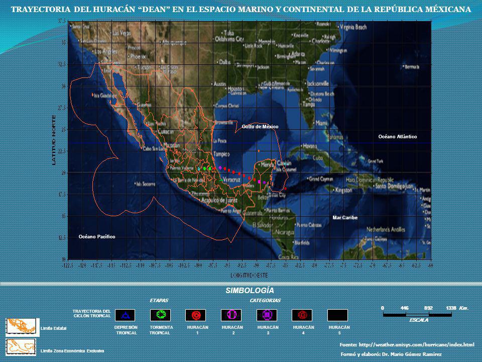 TRAYECTORIA DEL HURACÁN DEAN EN EL ESPACIO MARINO Y CONTINENTAL DE LA REPÚBLICA MÉXICANA