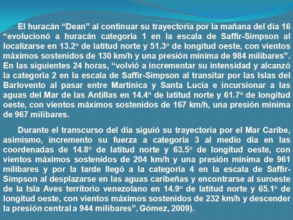 El huracán Dean al continuar su trayectoria por la mañana del día 16 evolucionó a huracán categoría 1 en la escala de Saffir-Simpson al localizarse en 13.2° de latitud norte y 51.3° de longitud oeste, con vientos máximos sostenidos de 130 km/h y una presión mínima de 984 milibares . En las siguientes 24 horas, volvió a incrementar su intensidad y alcanzó la categoría 2 en la escala de Saffir-Simpson al transitar por las Islas del Barlovento al pasar entre Martinica y Santa Lucía e incursionar a las aguas del Mar de las Antillas en 14.4° de latitud norte y 61.7° de longitud oeste, con vientos máximos sostenidos de 167 km/h, una presión mínima de 967 milibares.
