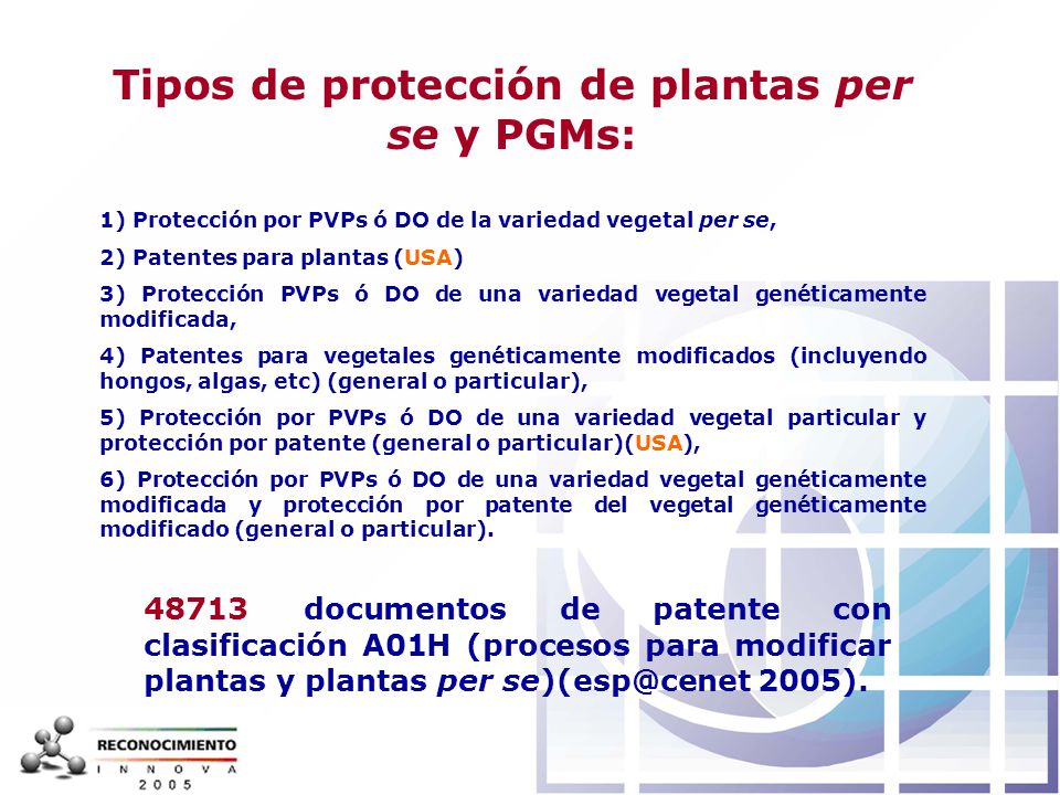 Tipos de protección de plantas per se y PGMs: