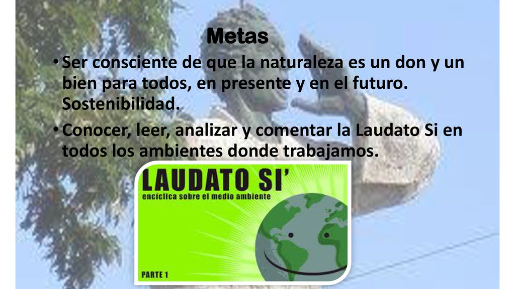 Metas Ser consciente de que la naturaleza es un don y un bien para todos, en presente y en el futuro. Sostenibilidad.