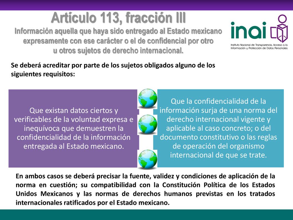 Artículo 113, fracción III Información aquella que haya sido entregado al Estado mexicano expresamente con ese carácter o el de confidencial por otro u otros sujetos de derecho internacional.