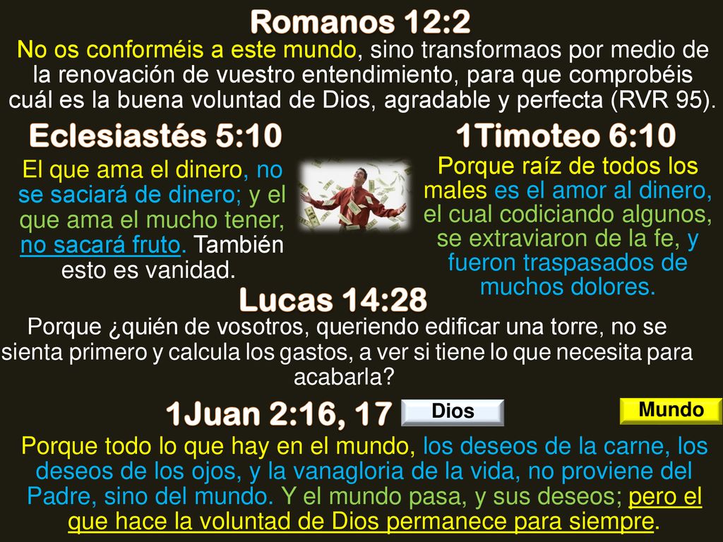 Romanos 12:2 Eclesiastés 5:10 1Timoteo 6:10 Lucas 14:28 1Juan 2:16, 17