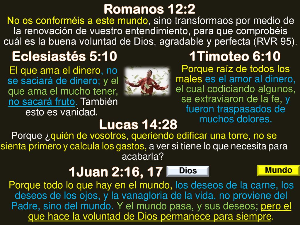 Romanos 12:2 Eclesiastés 5:10 1Timoteo 6:10 Lucas 14:28 1Juan 2:16, 17