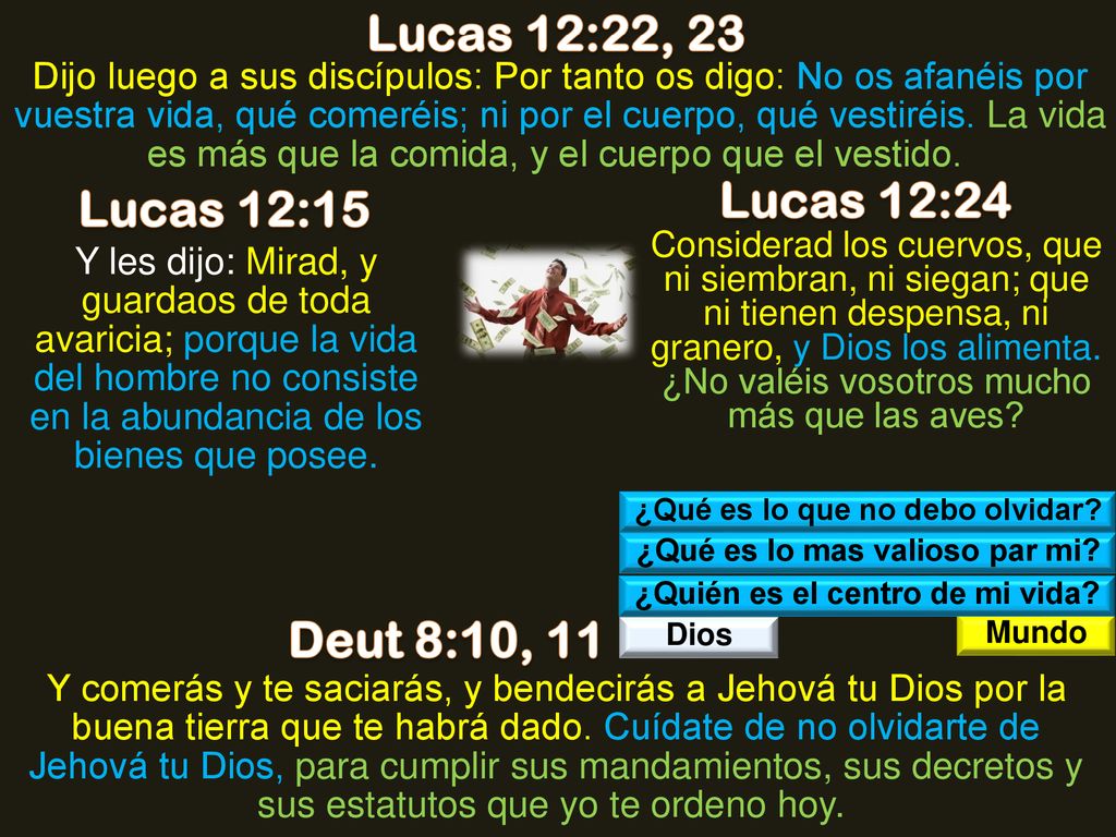 Lucas 12:22, 23 Lucas 12:24 Lucas 12:15 Deut 8:10, 11