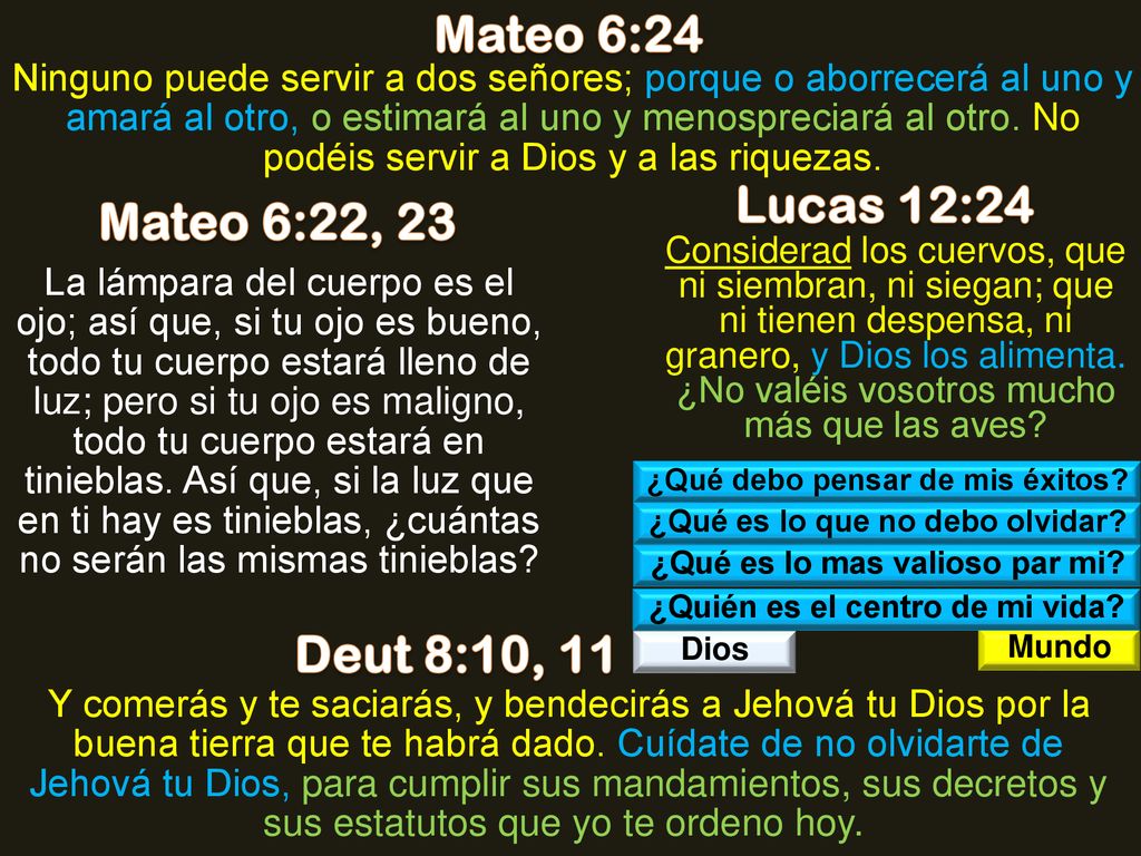 Mateo 6:24 Lucas 12:24 Mateo 6:22, 23 Deut 8:10, 11