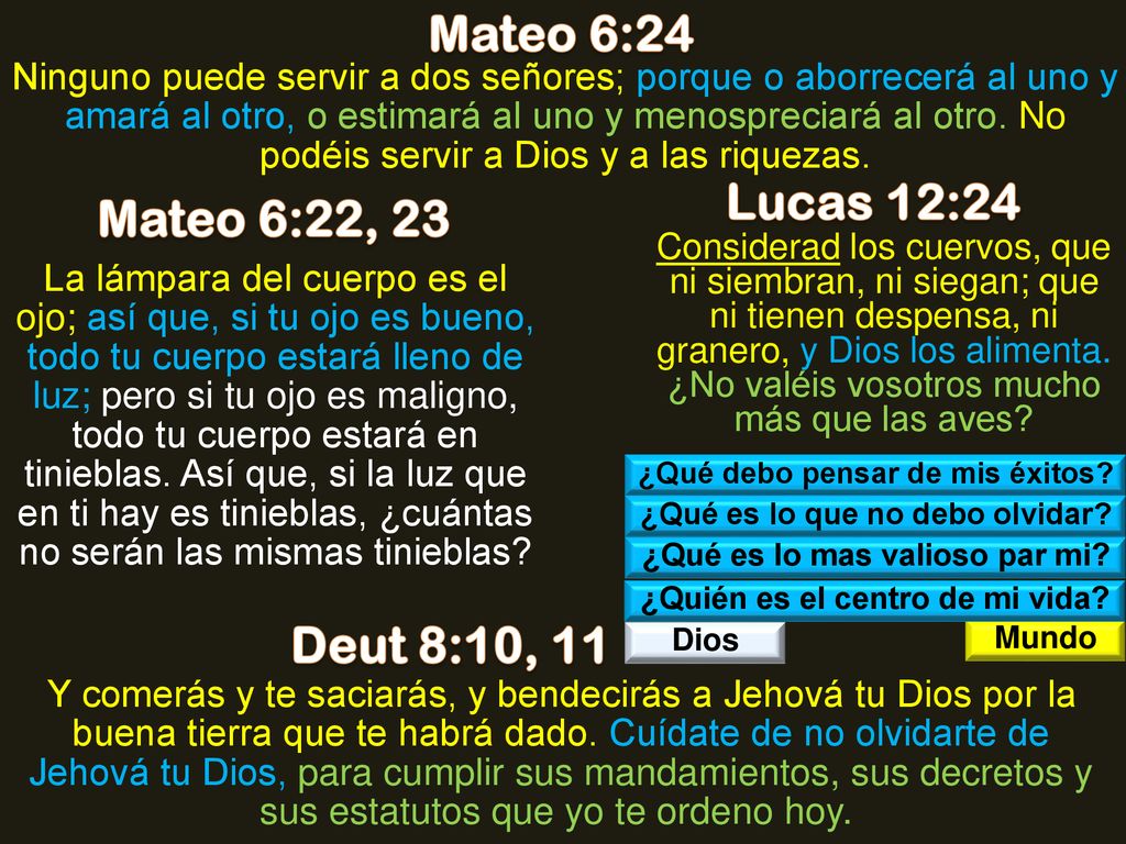 Mateo 6:24 Lucas 12:24 Mateo 6:22, 23 Deut 8:10, 11