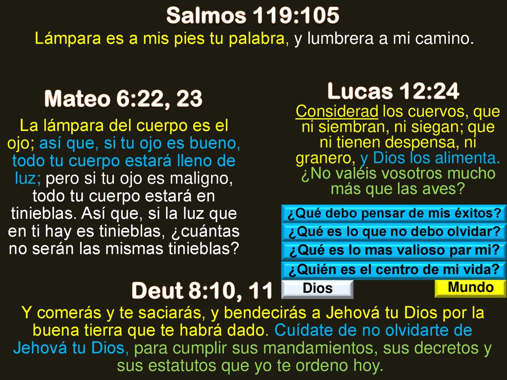 Salmos 119:105 Lucas 12:24 Mateo 6:22, 23 Deut 8:10, 11